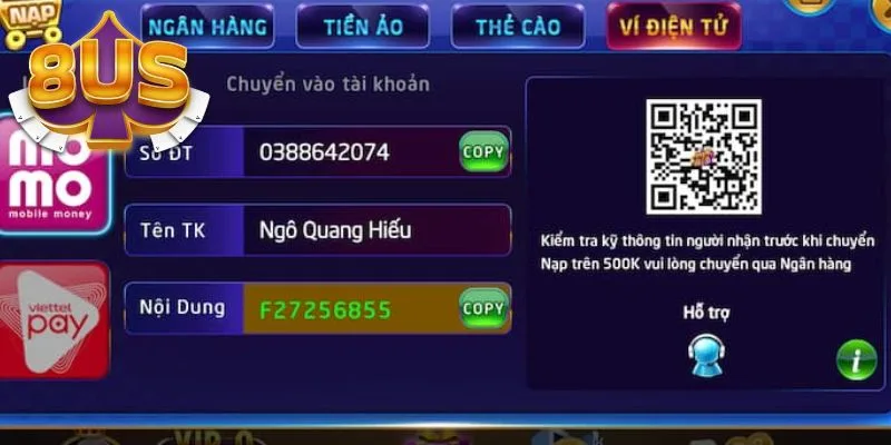 Hình thức nạp tiền vào 8US qua ví điện tử được nhiều người chơi lựa chọn Hình thức nạp tiền vào 8US qua ví điện tử được nhiều người chơi lựa chọn