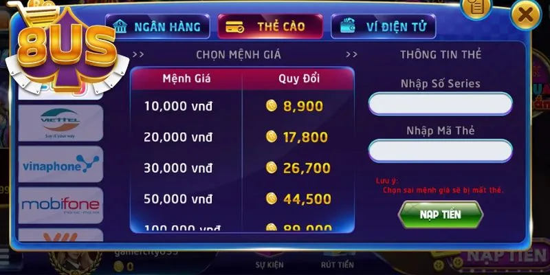 Hướng dẫn cách nạp tiền tài khoản 8US qua thẻ cào tiện lợi Hướng dẫn cách nạp tiền tài khoản 8US qua thẻ cào tiện lợi