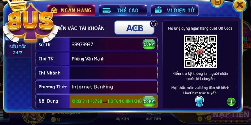 Nạp tiền vào 8US bằng tài khoản ngân hàng nhanh chóng Nạp tiền vào 8US bằng tài khoản ngân hàng nhanh chóng